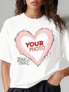 Camiseta Personalizada con Foto de Corazón y Texto Personalizado para Mujer, Unisex, Cuello Redondo Negro, Idea de Regalo. Tanto los Hombres como las Mujeres pueden usarla, y es adecuada para fiestas de Navidad, actividades deportivas, salidas festivas, deportes y otros regalos navideños. Blusa, Camisa > Hermosa. - Blanco - Ver 1