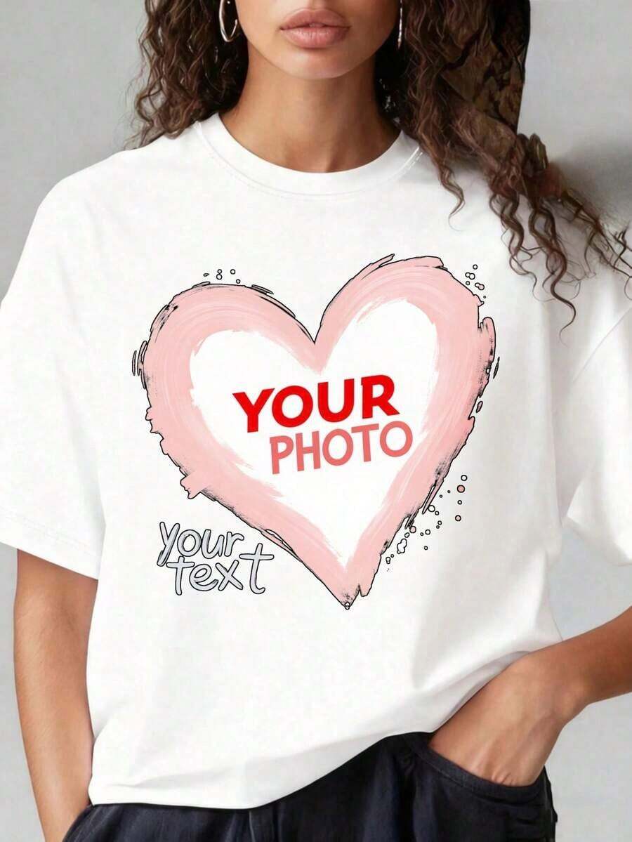 Camiseta Personalizada con Foto de Corazón y Texto Personalizado para Mujer, Unisex, Cuello Redondo Negro, Idea de Regalo. Tanto los Hombres como las Mujeres pueden usarla, y es adecuada para fiestas de Navidad, actividades deportivas, salidas festivas, deportes y otros regalos navideños. Blusa, Camisa > Hermosa. - Blanco - Ver 1