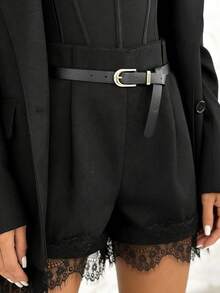 女款純黑色蕾絲拼接時尚休閒短褲，精緻睫毛蕾絲飾邊拼接 3D 壓褶 成熟優雅休閒短褲 夏季 - 黑 - 查看 8