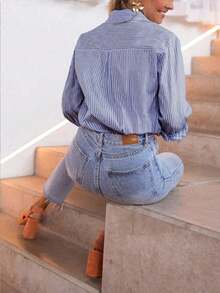 Camisa de manga larga a rayas casual y de uso diario para mujer, color rosa, para primavera - Azul marino - Ver 2