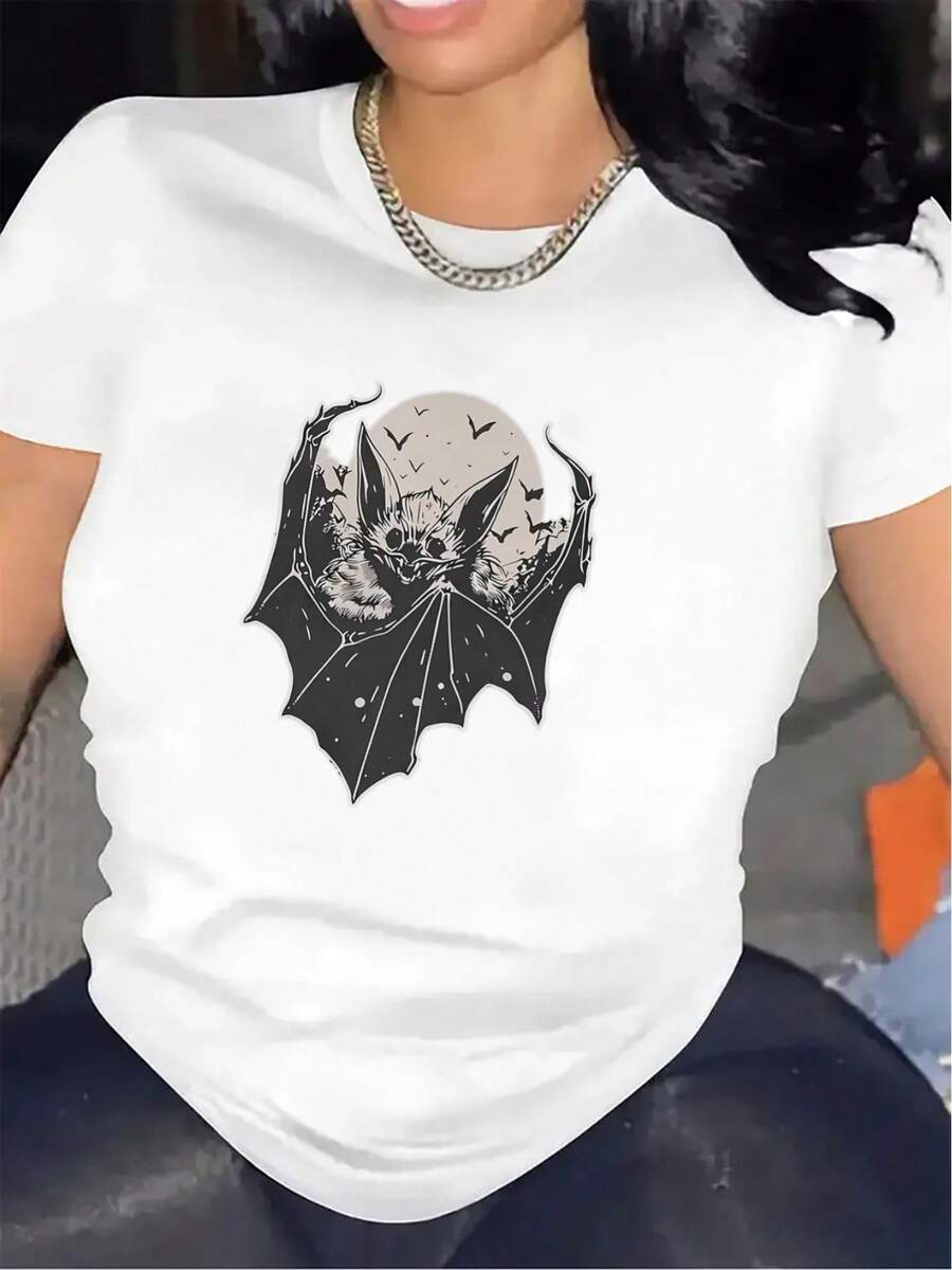 Women's Pure Cotton Bat Print T-Shirt, Suitable For Both Home And Restaurant, Lightweight And Durable, The First Choice For Casual Occasions, Comfortable Fit, Fashionable Printed T-Shirt For Everyday Use, Soft Fabric, Modern Women's Clothing. - 白色 - 查看 1
