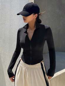 Chaqueta deportiva ajustada con cremallera delantera, nueva para otoño para mujer - Negro - Ver 7