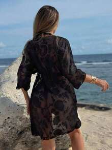 Vestido playero de manga larga con hombros descubiertos y cinturón en la cintura, de color sólido y jacquard, para mujer, negro, para vacaciones de verano. - Negro 2 - Ver 7
