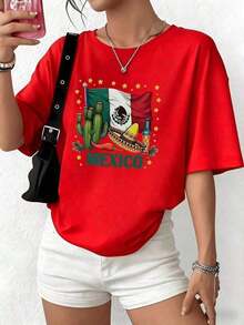 Suave Playera algodón suave para mujerBandera de México con cactus sombrero chile y botella que celebran el orgullo nacional en colores vibrantes camiseta para mujer 1% algodón cómoda y casual,Playera mujer oversize estampada verano casual, ropa de calor mujer - Rojo - Ver 6