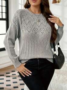 Plus Size Elegant Grey Hollow Out Knit Sweater, Casual Round Neck Long Sleeve Thin Pullover, Summer Daily Going Out Top For Women - Grey - View 4