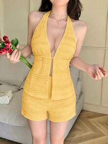 abyoxi Conjunto de top con abertura frontal con volantes y detalles de lazo en la espalda sin respaldo y shorts - Estilo sexy y dulce - Amarillo - Ver 4