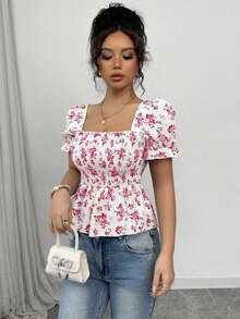 Blusa de mujer con estampado floral diminuto, mangas abullonadas y dobladillo con volantes - Rojo y blanco - Ver 6