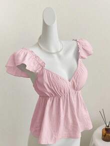 Top corto de camisola con escote bajo y espalda descubierta, con manga tipo gorra y volantes en azul, diseño sexy - Rosa - Ver 8