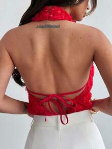 negra ajustada de estilo casual y elegante para la temporada de primavera/verano, con cuello asimétrico, sin mangas, escote halter, espalda descubierta y decoración de lazo - Burdeos - Ver 11