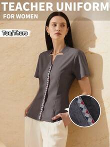Emile Casual Modern Filipino Women Short Sleeve Shirt, Elegant Teacher Blouse - Dark Grey - View 1