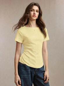 llegado de primavera/verano Camiseta de cuello barco en marfil, diseño de ribete en contraste negro, tejido texturizado, lazo de cintura ajustable, versátil para oficina, viajes, negocios, eventos sociales, formales, Día de la Madre, fiestas - Amarillo - Ver 6