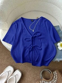 Blusa casual de manga corta con nudo delantero de unicolor para mujer de talla grande - azul real - Ver 1