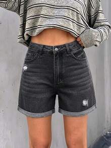 Mid-Waist Fringe Ripped Denim Shorts, Casual Straight Leg Jean Shorts For Women - Black - View 2