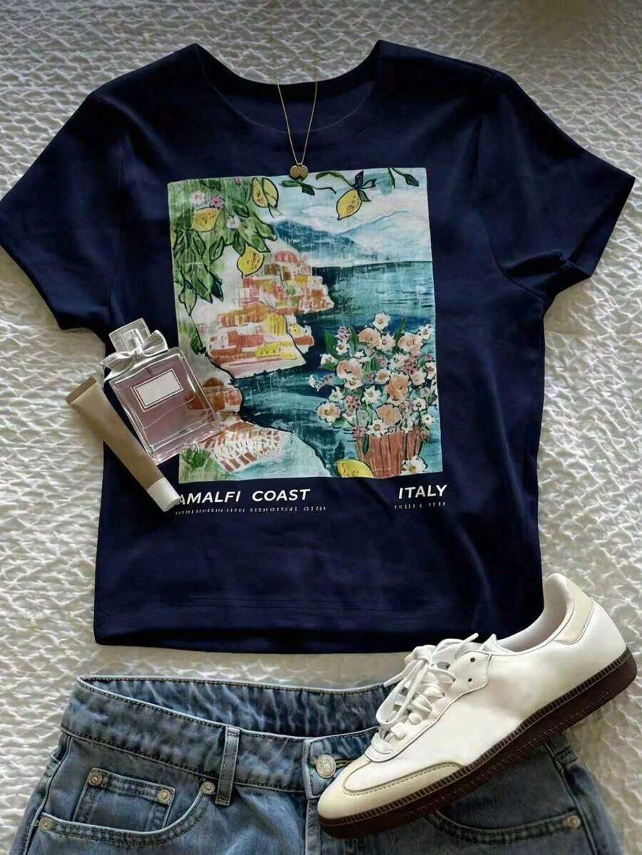 Camiseta casual de mujer de cuello redondo y manga corta con estampado floral - Multicolor 9 - Ver 1