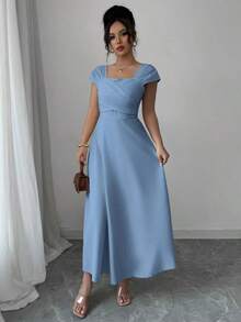 Vestido elegante de manga raglán y cuello cuadrado con detalle cruzado en el busto, de unicolor para mujeres - Azul - Ver 6