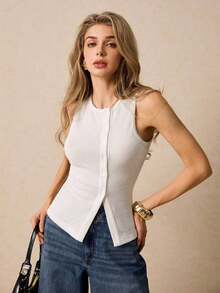 Camiseta sin mangas casual de cuello redondo y de un solo abotonadura para mujer - Blanco - Ver 2