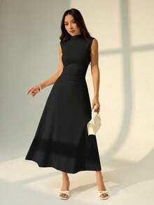 Vestido maxi de línea A con cuello mao, sin mangas, fruncido, color blanco, nuevo para el Día de San Valentín.Elegante y romántico atuendo para citas y trabajo, vestidos de verano para mujer - Negro - Ver 3