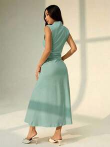 Vestido maxi de línea A con cuello mao, sin mangas, fruncido, color blanco, nuevo para el Día de San Valentín.Elegante y romántico atuendo para citas y trabajo, vestidos de verano para mujer - verde menta - Ver 2