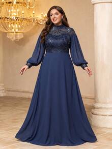 Đầm dạ hội nữ SUPGIR cổ đứng tay phồng đính sequin và vải chiffon. - Màu xanh hải quân - Xem 5