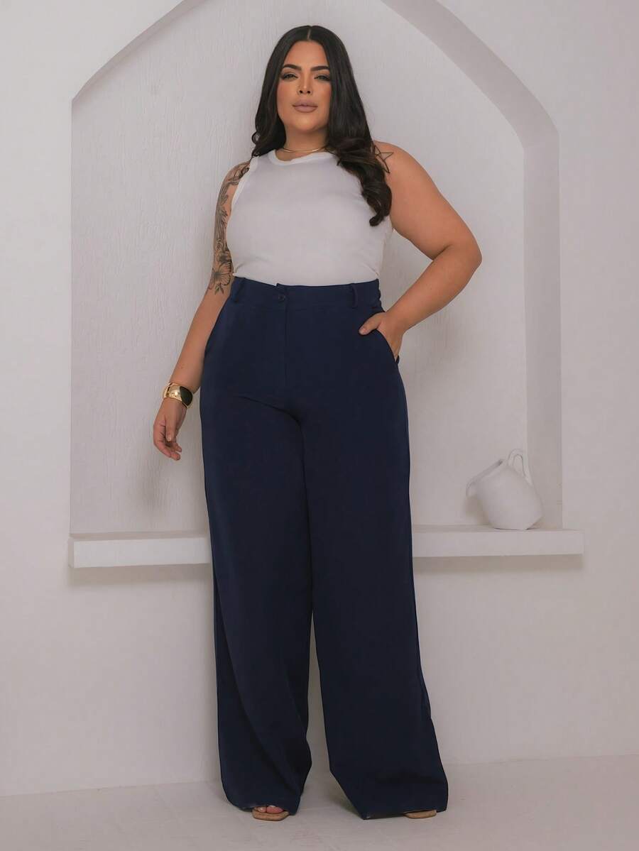 Women's Plus Size Solid Color Wide Leg Pants With Belt - Azul Marino - Ver 1