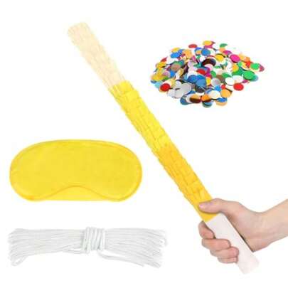 Yellow Pinata Stick Kit With Blindfold, Rope And Confetti - Perfect For Girls Birthday, Baby Shower, Carnivals Party Plies