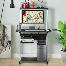 2 Tier Rolling Computer Desk W/Keyboard Tray And Printer Shelf Stand Study Table Corner Desk For Small Space Black - 1 - View 4