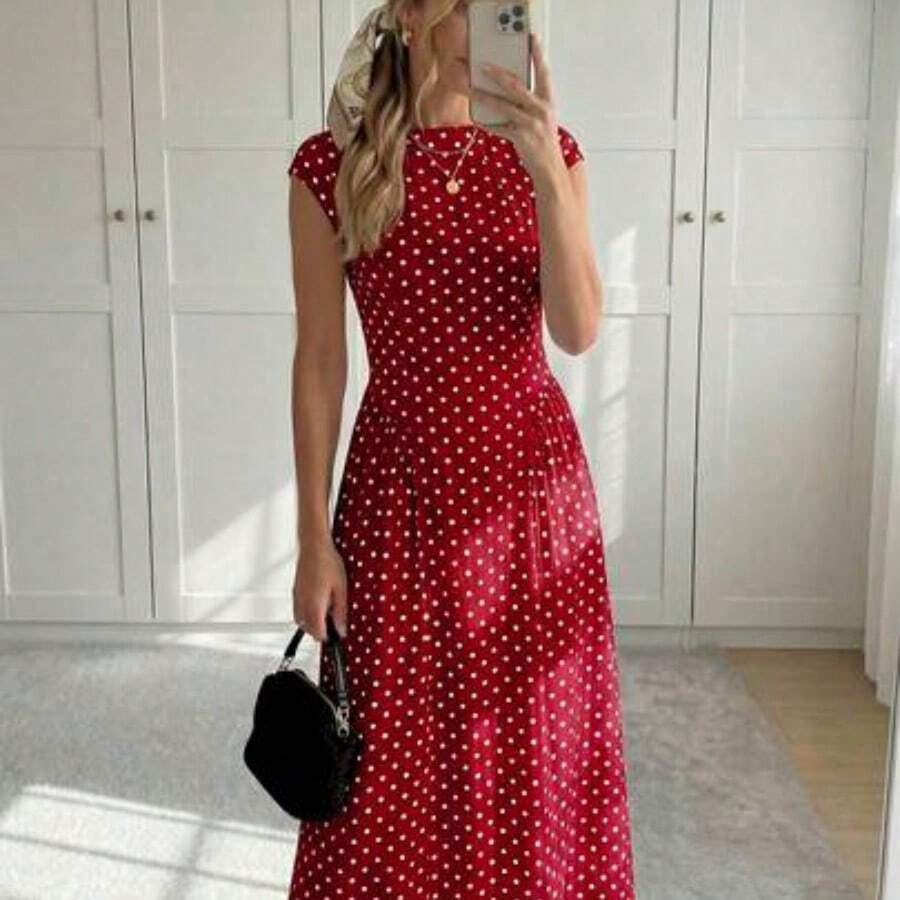 Women's Polka Dot Pattern Round Neck Cap Sleeve Elegant Mid-Length Dress Polka Dots Long Dress Women Dress Long Dress Black Dot Dress Dress Outfit - Rojo - Ver 1