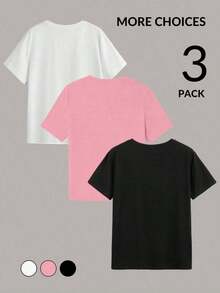 Set de 3 camisetas holgadas de cuello redondo con estampado gráfico de coche de carreras, motocicleta y coche retro para mujer, ligeramente transparentes, para el verano y vuelta al colegio - Multicolor 2 - Ver 2