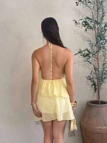 Vestido corto de gasa con hojas de loto en cascada de color rojo sólido, adecuado para citas diarias, salidas nocturnas, discotecas, fiestas, reuniones, fiestas de cóctel, fiestas de piscina, ropa de vuelta al colegio, vestidos de temporada escolar, vestidos de vacaciones, faldas de tul - Amarillo - Ver 2