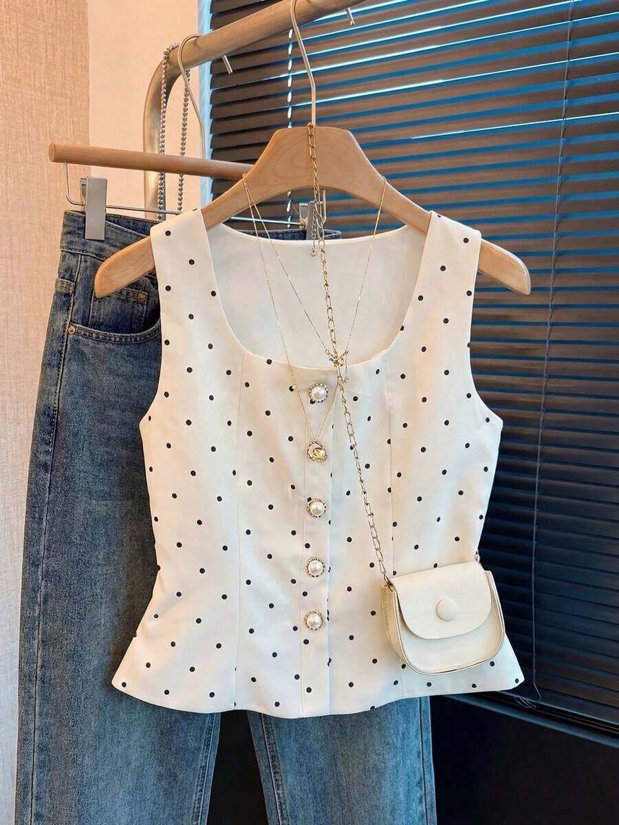 Elegante Blusa de Verano de Lunares Vintage con Decoración de Perlas para Mujer, Blusas Elegantes para Mujer, Atuendos de Trabajo para Mujer, Blusas de Verano para Mujer, Últimas Blusas Lindas para Mujer, Nuevos Llegados, Blusas Casuales El - Blanco - Ver 1