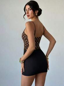 Elegante y romántica blusa de mujer con encaje negro y lunares blancos y negros, versátil para vacaciones, elegante y casual camiseta de tirantes con encaje de lunares para primavera y verano, corsé de lunares, para mujer en primavera, vacaciones de primavera, Día de San Valentín, elegante top de fiesta, top de lunares - Marrón - Ver 10