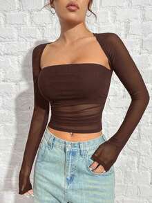 Playera De Malla Negra Y Ajustada Para Mujer - Marrón Chocolate - Ver 5