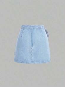 Minifalda de mezclilla azul de cintura alta con decoración de lazo para mujer - Lavado ligero 2 - Ver 2
