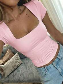 Camiseta de manga corta con cuello cuadrado de punto de unicolor, ajustada y sexy, estilo Y2K, para mujer Vaiaye, adecuada para actividades de primavera/verano y el Día de San Valentín - Rosa - Ver 5