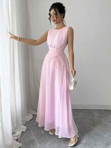 Vestido maxi casual, romántico, vintage y elegante de gasa para mujer con cordón en la cintura, para la playa, el té de la tarde, fiestas de noche, uso diario, sin mangas, de unicolor, vestido largo, primavera/verano - Rosa - Ver 6