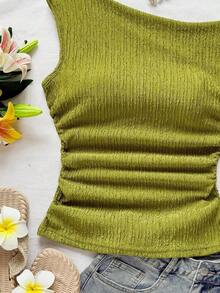 Blusa de punto con textura de burbujas de color albaricoque, cuello asimétrico con lazo en la cintura, ajuste ceñido, adecuada para fiesta, cita, paseo por la ciudad, viaje por carretera, playa de verano - Verde Oliva - Ver 6