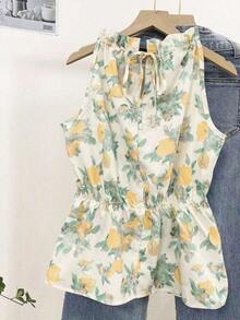 Blusa casual versátil de uso diario con estampado floral y pliegues para mujer - Amarillo - Ver 2