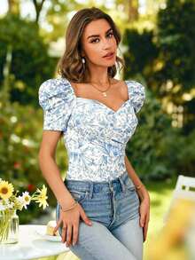 Camiseta de ajuste ceñido con mangas obispo y estampado floral elegante, de verano - Azul y blanco - Ver 6