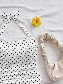 Parte superior corta ajustada con cuello de halter casual para vacaciones de mujer, verano de mujer, sin espalda, ropa de vacaciones de mujer, lunares, primavera de mujer, verano, parte superior para salir de mujer, vacaciones de mujer - Multicolor 2 - Ver 4
