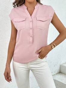 Camisa casual de mujer de manga corta con bolsillo, cuello en V con muesca y unicolor para uso laboral - Rosa Pálido - Ver 6