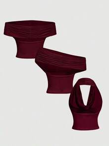Set de 3 blusas de mujer de unicolor con pliegues, versátiles y de moda, para otoño/invierno, Navidad, Año Nuevo, hombros descubiertos, estética, festivales, campo, vacaciones en la playa, té, modestas, baile de graduación, lindas - Multicolor 5 - Ver 9