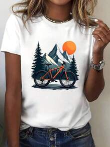 Camiseta con estampado de paise para bicicleta de montañara mujer, top casual de cuello redondo de manga corta con patrones geométricos, longitud regular para usar en todas las estaciones | Ropa de ciclio | Camisetas gráficas de bicicleta de montaña - Blanco - Ver 2