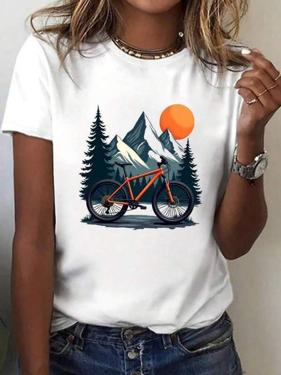 Camiseta con estampado de paise para bicicleta de montañara mujer, top casual de cuello redondo de manga corta con patrones geométricos, longitud regular para usar en todas las estaciones | Ropa de ciclio | Camisetas gráficas de bicicleta de montaña
