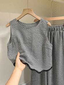 Frenchy Conjunto de 2 piezas de top sin mangas de cuello redondo a cuadros y pantalones para mujer - Blanco y Negro 2 - Ver 3