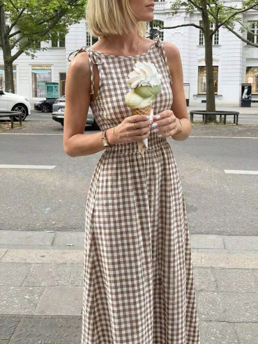 Vestido maxi a cuadros marrones 2026 para mujer, con tirantes de lazo y cintura fruncida con volantes, estilo minimalista casual y perfecto para vacaciones y uso diario - Multicolor 3 - Ver 1