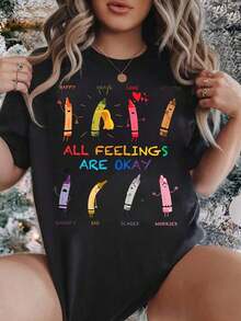 Camiseta de manga corta para mujer con cuello redondo, estampado de personajes de crayones "All Feelings Are Okay", manga corta, casual, cómoda, para uso diario, camiseta de verano. - Negro - Ver 6
