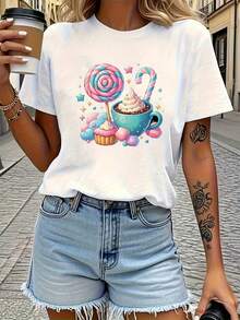 Camiseta de mujer, linda camiseta con estampado de caramelos para damas, con diseño de piruletas y cupcakes - colores pastel suaves, cuello redondo, camiseta casual blanca de manga corta, adecuada para fiestas navideñas - lavable a máquina, ropa para regalo, camiseta transpirable, textura suave, holgada y cómoda, moderna y versátil, material cómodo, camiseta básica, adecuada para todas las estaciones, un elemento esencial del guardarropa. ropa de calor mujer - Blanco - Ver 7