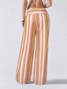 Pantalones largos de mujer  con diseño de rayas y cordones, estilo patchwork, tipo cargo. - Albaricoque - Ver 9