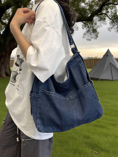 Women's Black Washed Denim Casual Shoulder Bag, Large Capacity With Multiple Pockets, Adjustable Strap, Suitable For Daily Use, Work, School, Commuting, Weekend Trips And Errands
