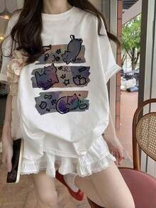 Playera negra para mujer cuello redondo corte holgado estilo japonés, manga corta con lindo estampado de gato caricatura, muy cómoda y versátil para primavera y verano, look juvenil super trendy ideal para uso diario y salidas relajadas. WATQ - Blanco - Ver 7